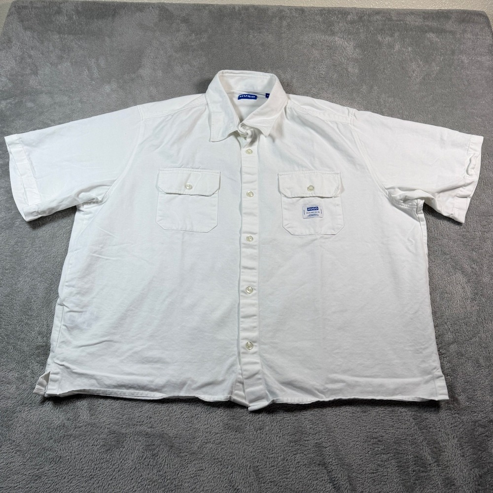 HUGO Boss Cotton Twill Shirt Mens 2XL White Short Sleeve Button Up Relaxed